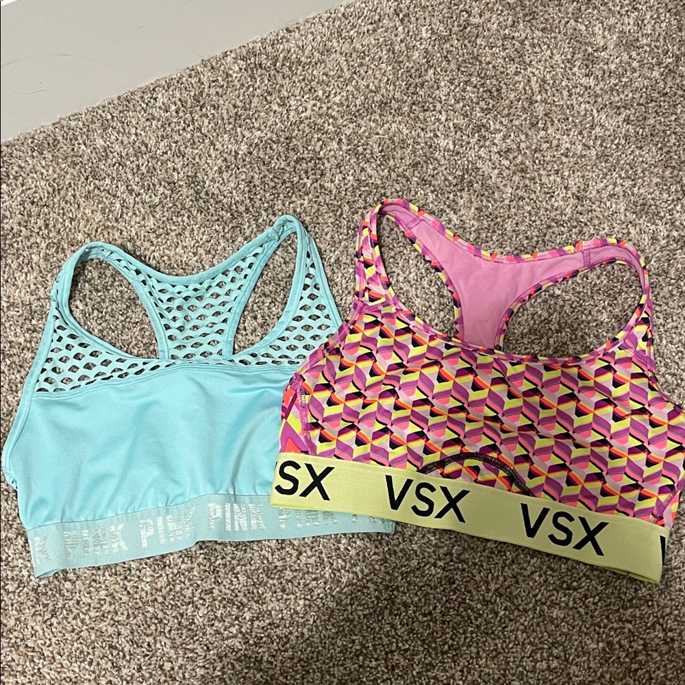 PINK Victoria's Secret Sports Bras - Blue and Pink Patterned